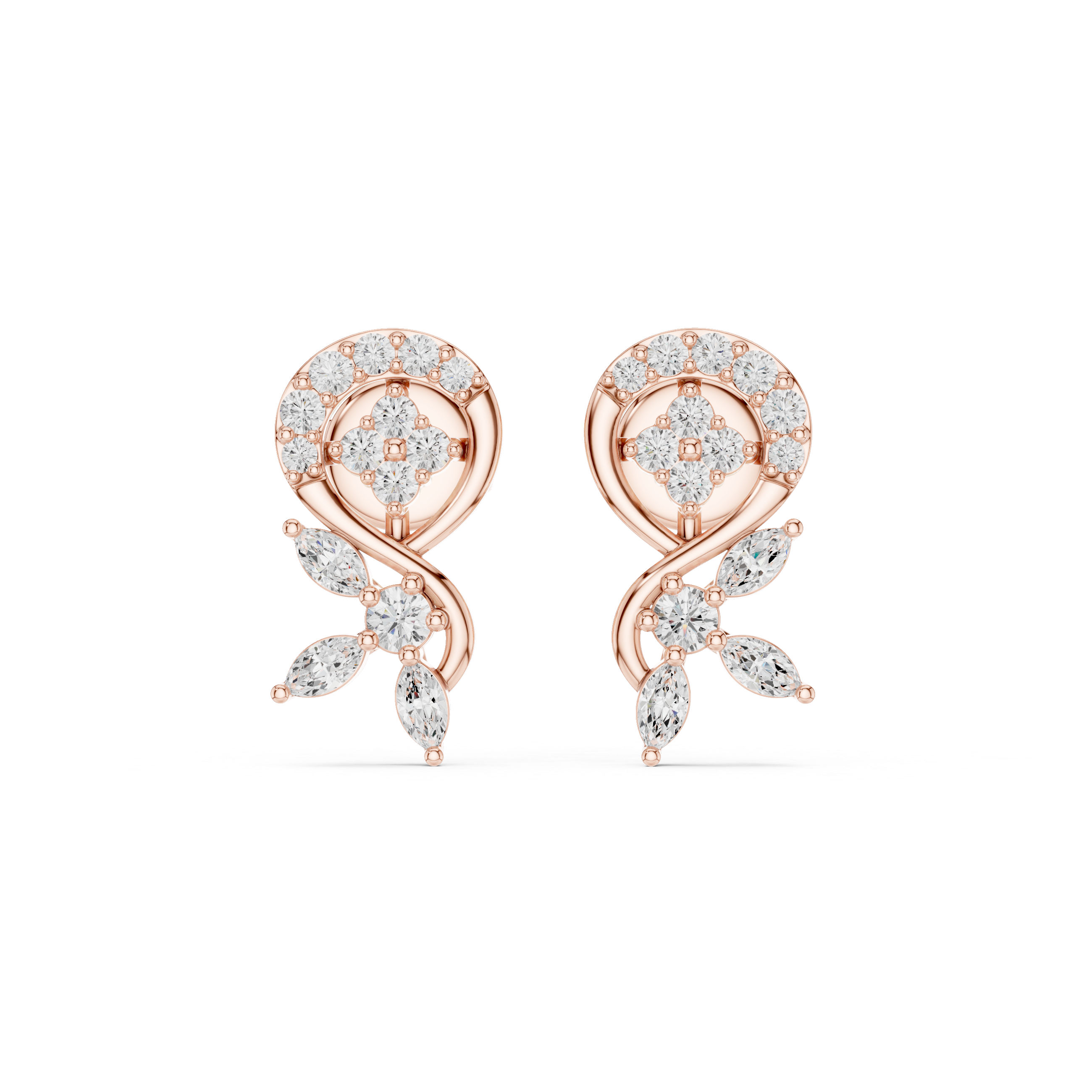 Swirl Loop Marquise Leaf Diamond Stud Earrings