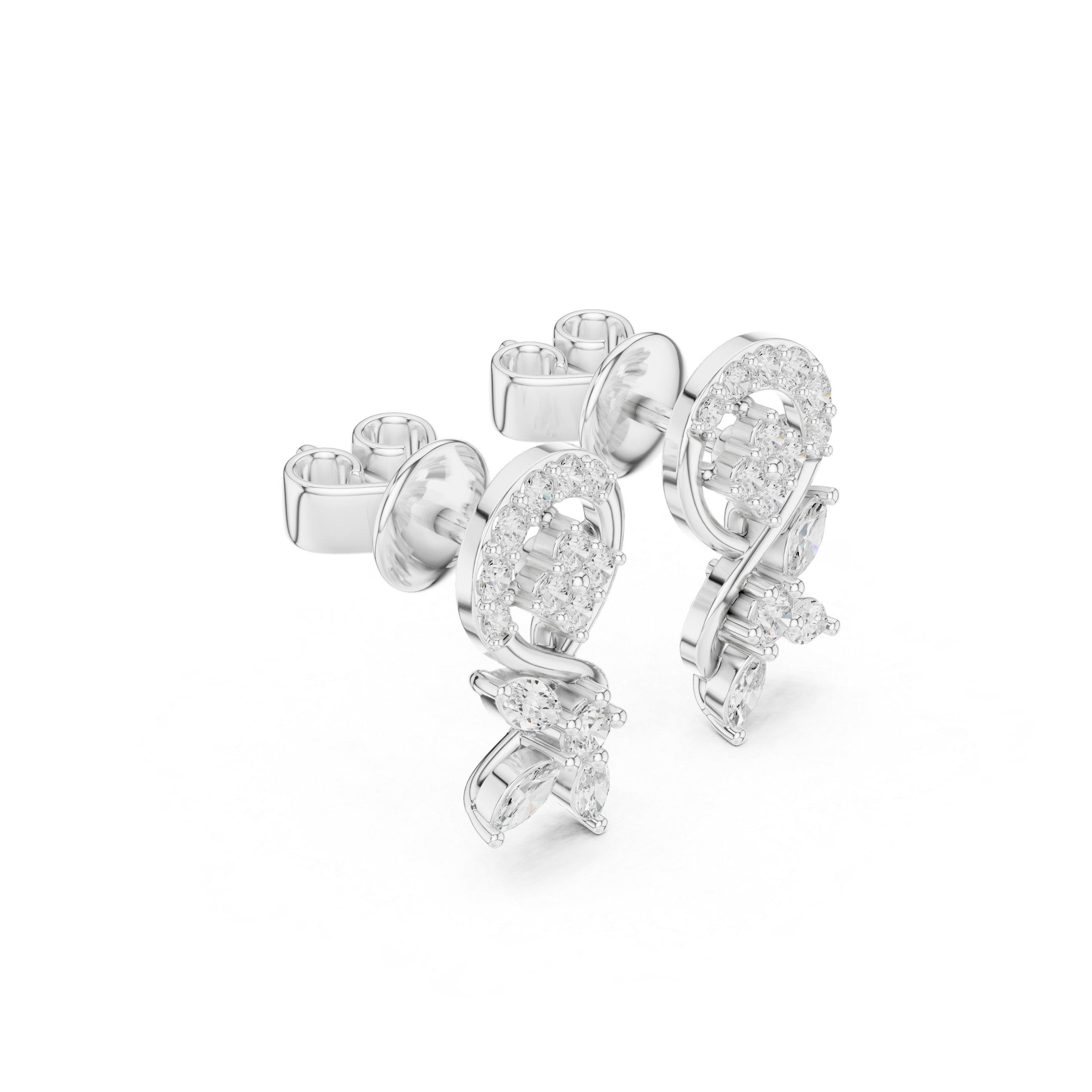 Swirl Loop Marquise Leaf Diamond Stud Earrings