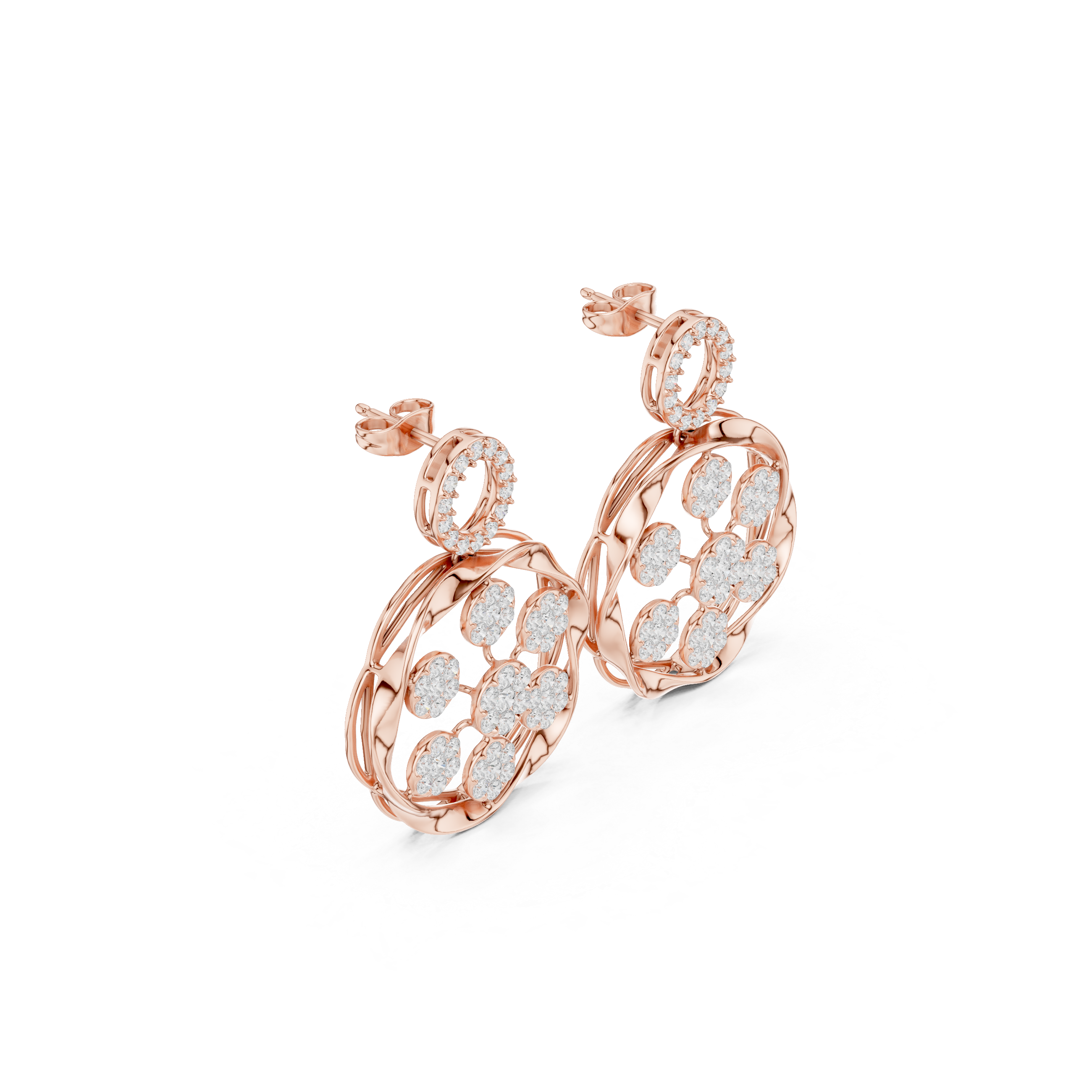 925 Sterling Silver Dual Halo Floral Openwork Drop Earrings