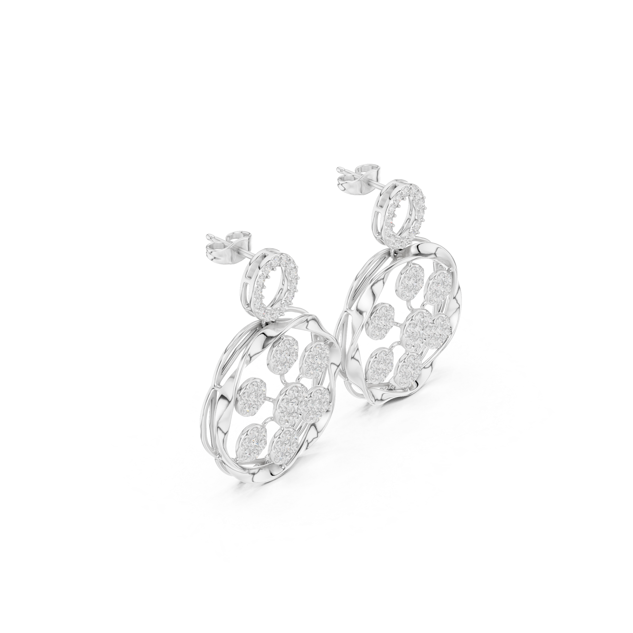925 Sterling Silver Dual Halo Floral Openwork Drop Earrings