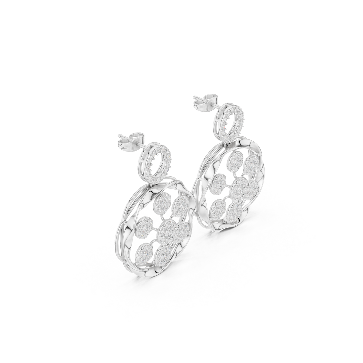 925 Sterling Silver Dual Halo Floral Openwork Drop Earrings
