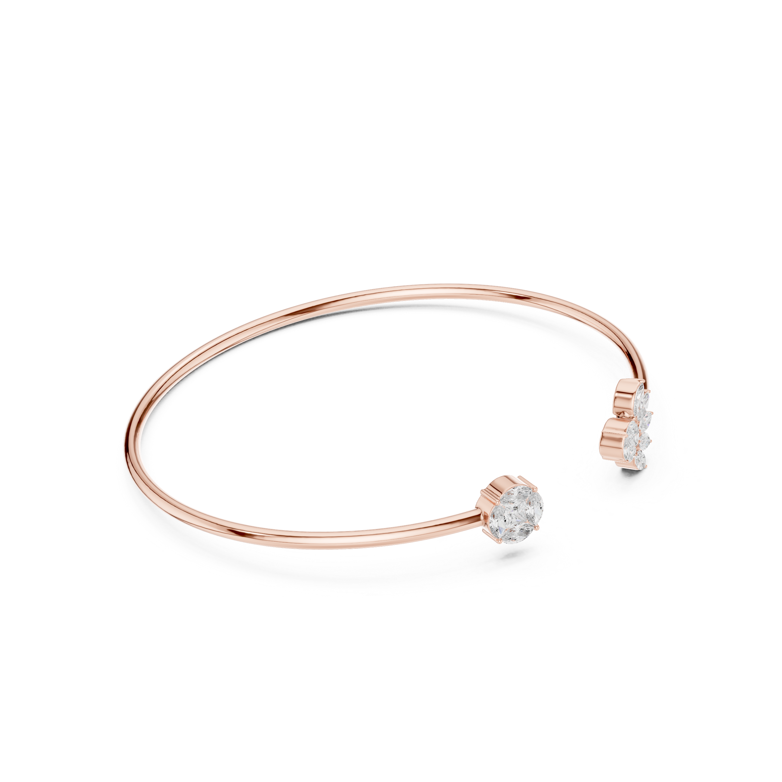 Rose Gold Open Cuff Diamond Solitaire & Cluster Bangle Bracelet