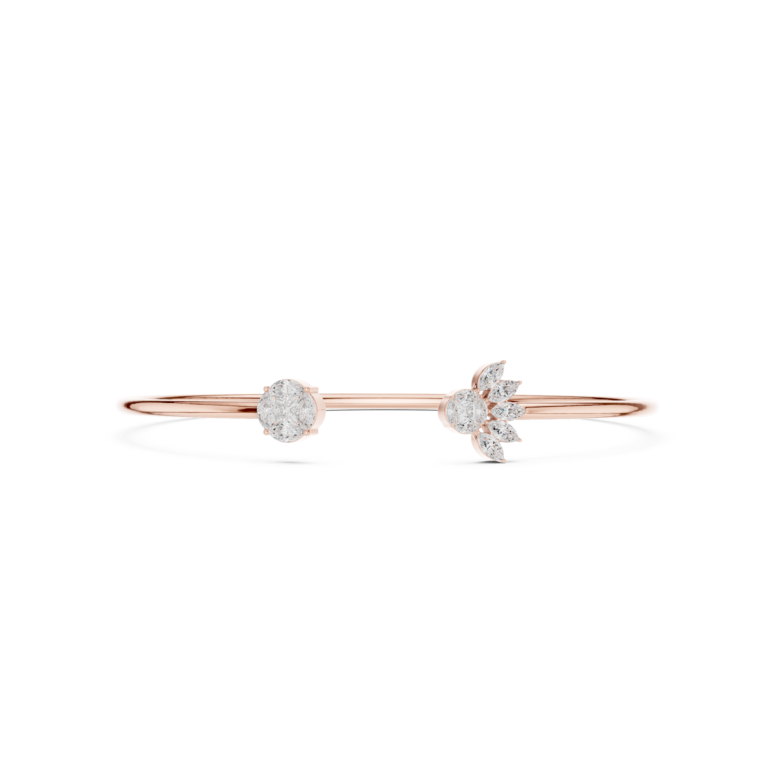 Rose Gold Open Cuff Diamond Solitaire & Cluster Bangle Bracelet