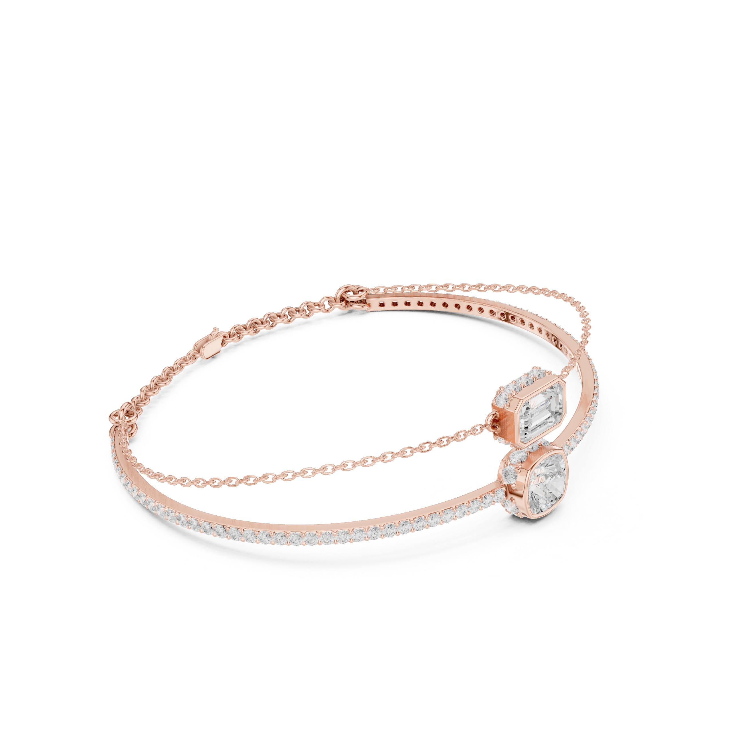 Rose Gold Dual Layer Emerald Cut Solitaire Bangle Bracelet