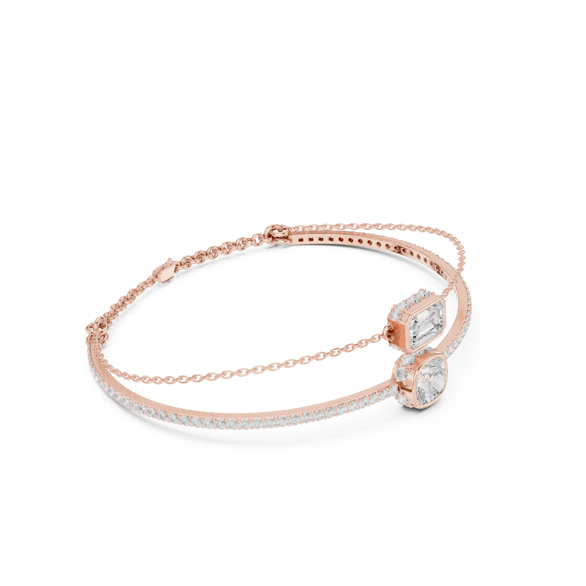 Rose Gold Dual Layer Emerald Cut Solitaire Bangle Bracelet