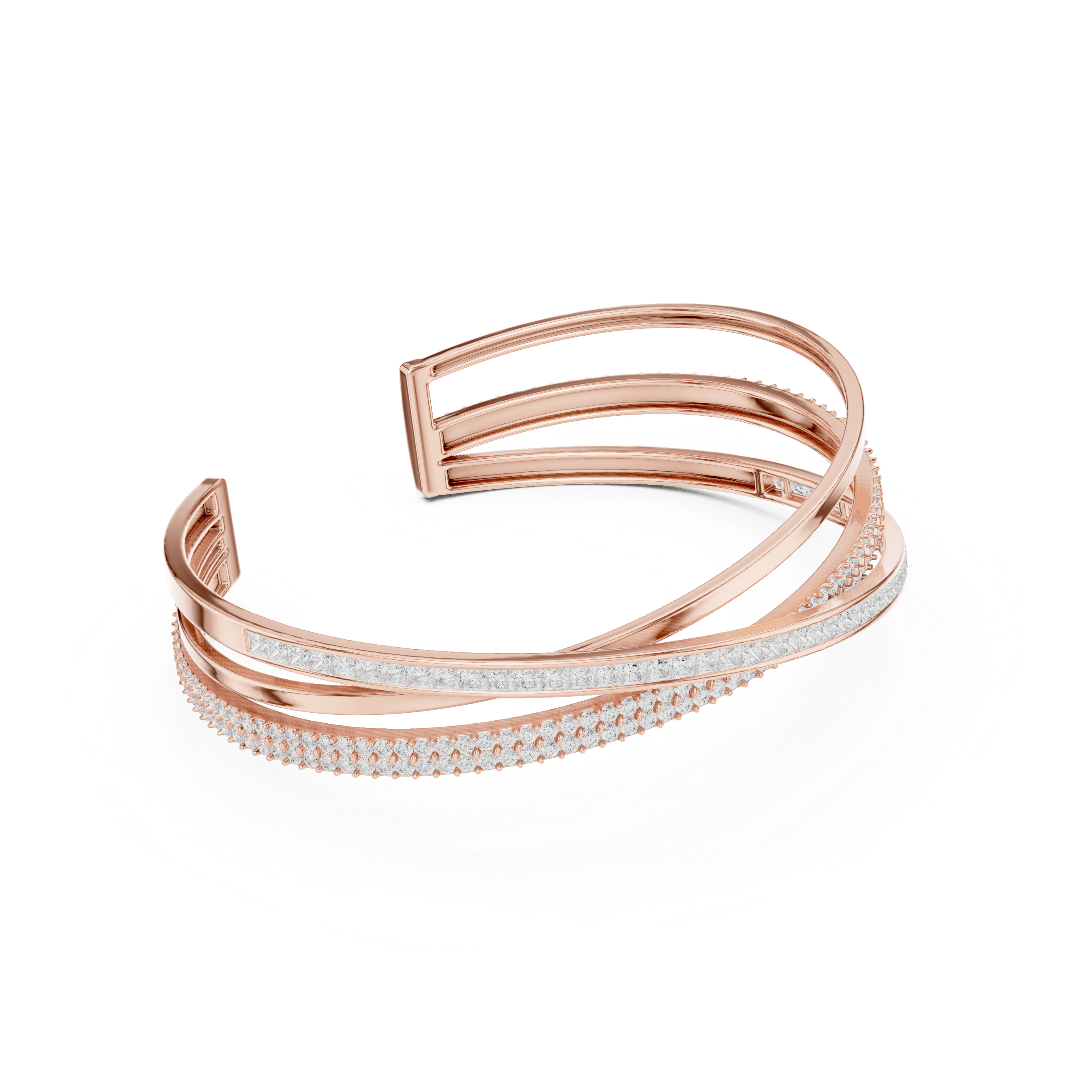 Rose Gold Multi-Row Crossover Diamond Cuff Bracelet
