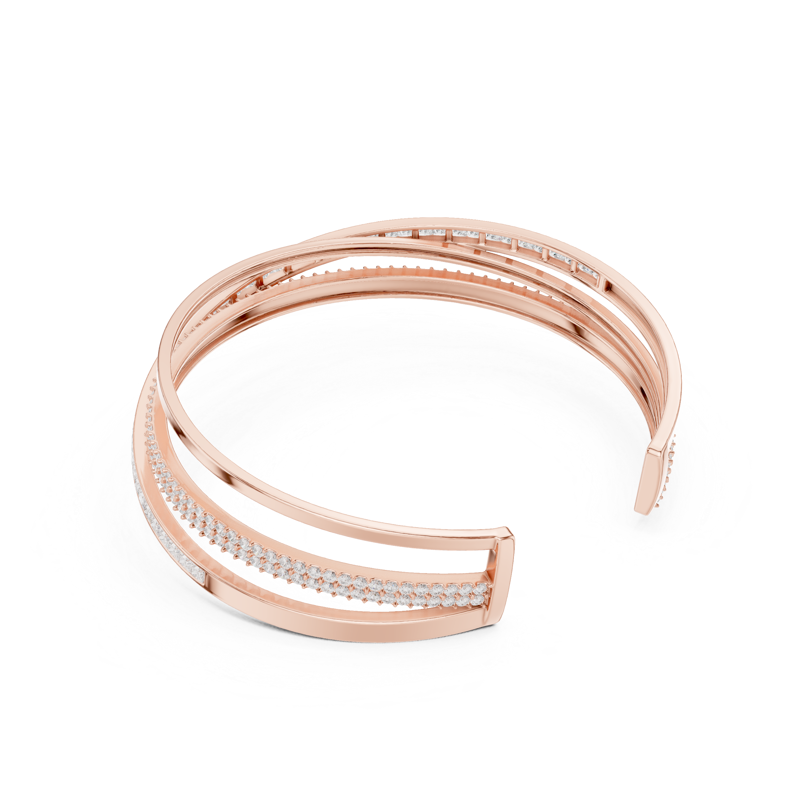 Rose Gold Multi-Row Crossover Diamond Cuff Bracelet