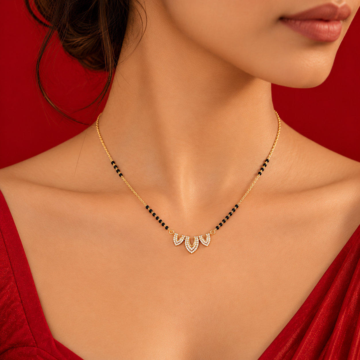 Triple Leaf Petal Diamond Mangalsutra Pendant