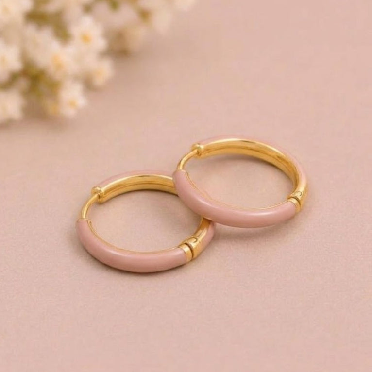 Pink Enamel Circle Huggie Earrings