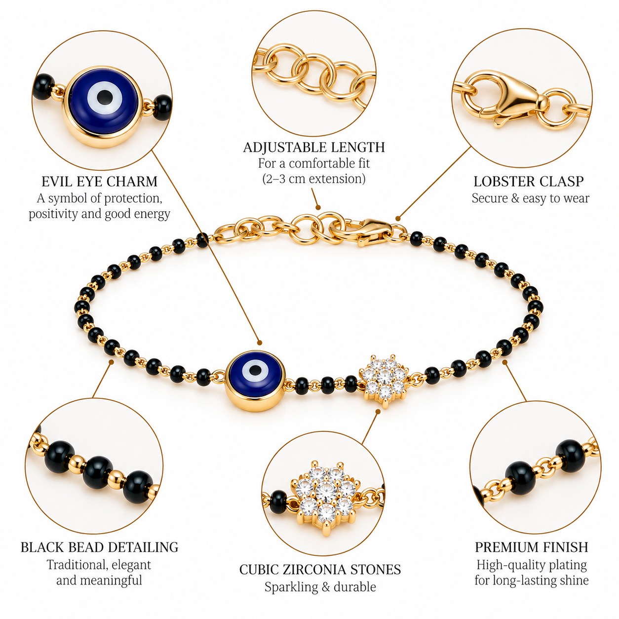 Evil Eye & Floral Diamond Mangalsutra Bracelet