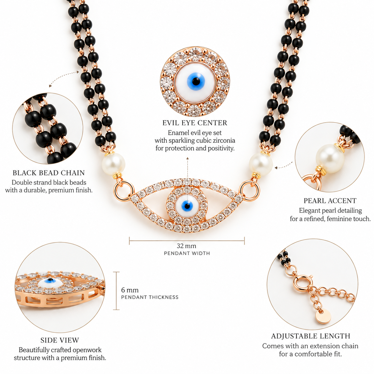 Evil Eye Diamond Mangalsutra Pendant with Black Beads & Pearl Accents